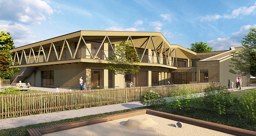 Visualisierung der Kita Merowingerstraße mit Außenansicht und Holzverkleidung. Links im Bild befindet sich eine eingezäunte Spielfläche.