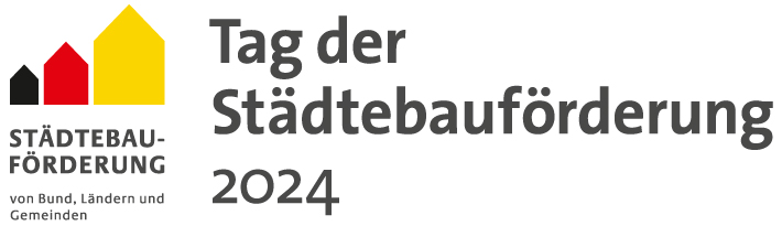Logo für den Tag der Städtebauförderung 2024 Logo für den Tag der Städtebauförderung 2024 mit dem Schriftzug in Schwarz "Tag der Städtebauförderung" und links drei farbigen Häusern in Schwarz, Rot und Gold nach Größe abgestuft.