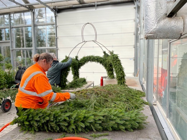 Zwei Mitarbeiterinnen des Forchheimer Gartenamts schmücken im Gewächshaus die Osterkrone an einem großen Arbeitstisch mit Tannengrün.